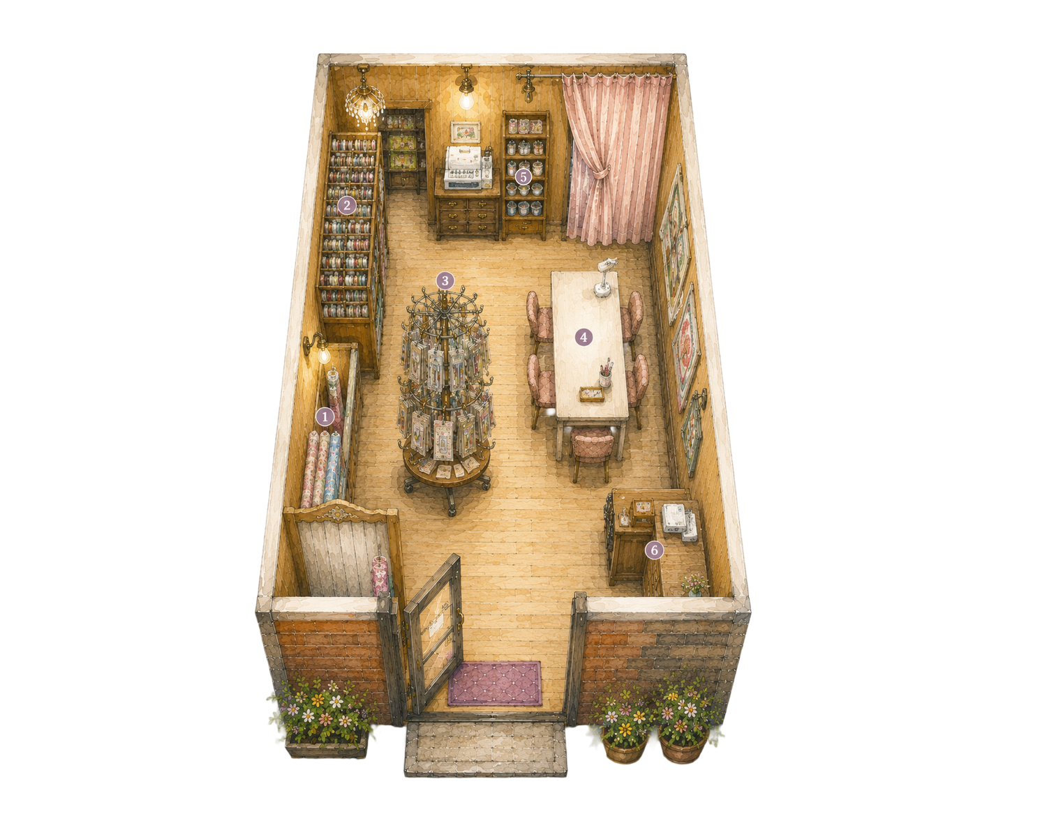 店内見取り図と手芸の風景