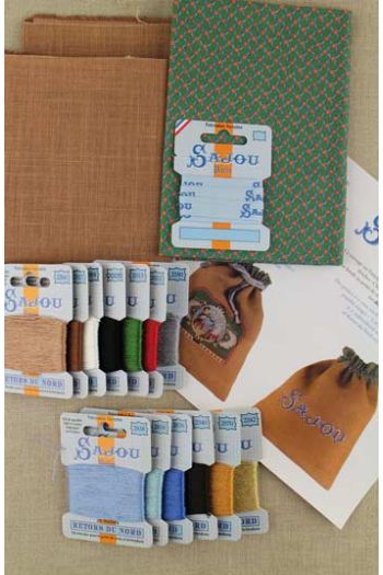 Sajou-cross-stitch-kit-bag-cat-and-dog-winding-wool クロス・ステッチ・巾着キット　毛糸を紡ぐ猫と犬