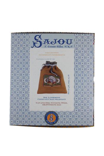 Sajou-cross-stitch-kit-bag-cat-and-dog-winding-wool クロス・ステッチ・巾着キット　毛糸を紡ぐ猫と犬