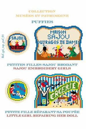 Sajou-needlepoint-puffies-charts-Sajou Girls Embroidering and Little Girl Repairing Her Doll ニードルポイント・オーナメント図案のみ2種 刺しゅうする女の子/繕い物をする女の子
