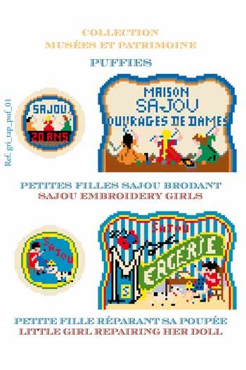 Sajou-needlepoint-puffies-charts-Sajou Girls Embroidering and Little Girl Repairing Her Doll ニードルポイント・オーナメント図案のみ2種　刺しゅうする女の子／繕い物をする女の子