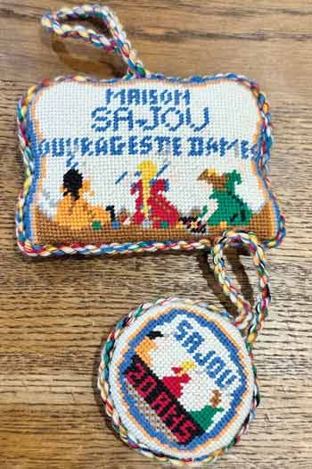 Sajou-needlepoint-puffies-charts-Sajou Girls Embroidering and Little Girl Repairing Her Doll ニードルポイント・オーナメント図案のみ2種　刺しゅうする女の子／繕い物をする女の子