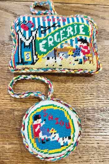 Sajou-needlepoint-puffies-charts-Sajou Girls Embroidering and Little Girl Repairing Her Doll ニードルポイント・オーナメント図案のみ2種　刺しゅうする女の子／繕い物をする女の子